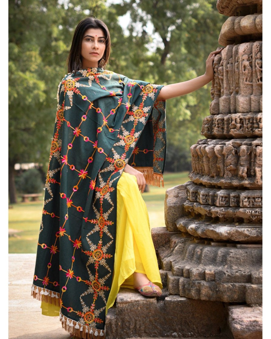 Women MESMORA FASHION | Women'S Poison Green Heavily Aari Embroidered Khadi Shawl/Dupatta With Kaccha Tassel Lace - Mesmora Fashion