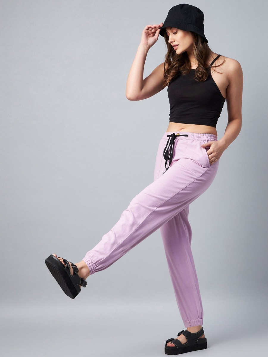 Women StyleStone | Women'S Lavender Cotton Twill Jogger With Black Drawstring - Stylestone Purple