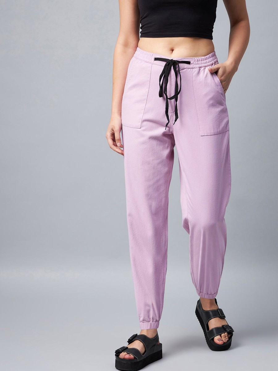 Women StyleStone | Women'S Lavender Cotton Twill Jogger With Black Drawstring - Stylestone Purple