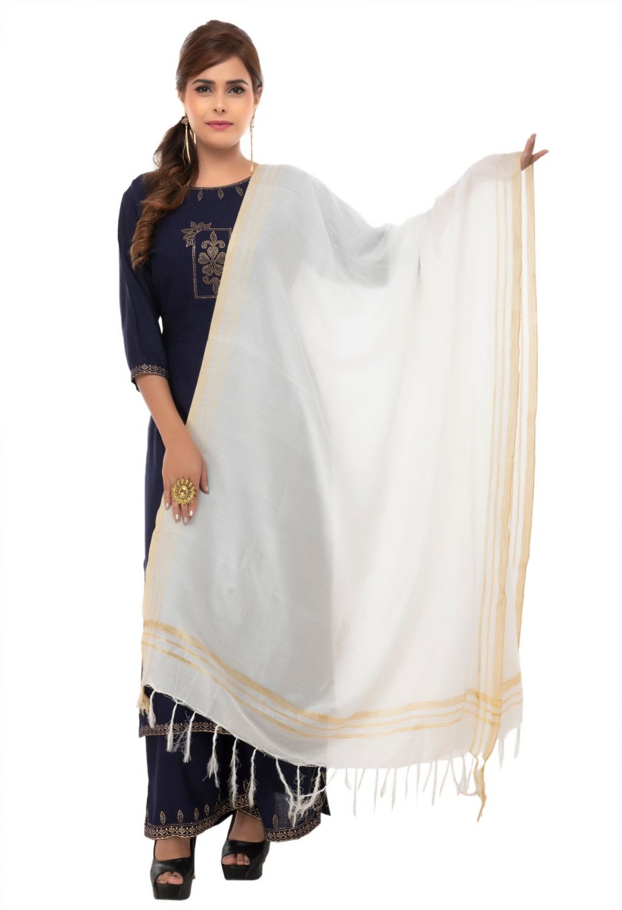 Women Moeza | Women'S White Color Golden Border Cotton Dupatta - Moeza