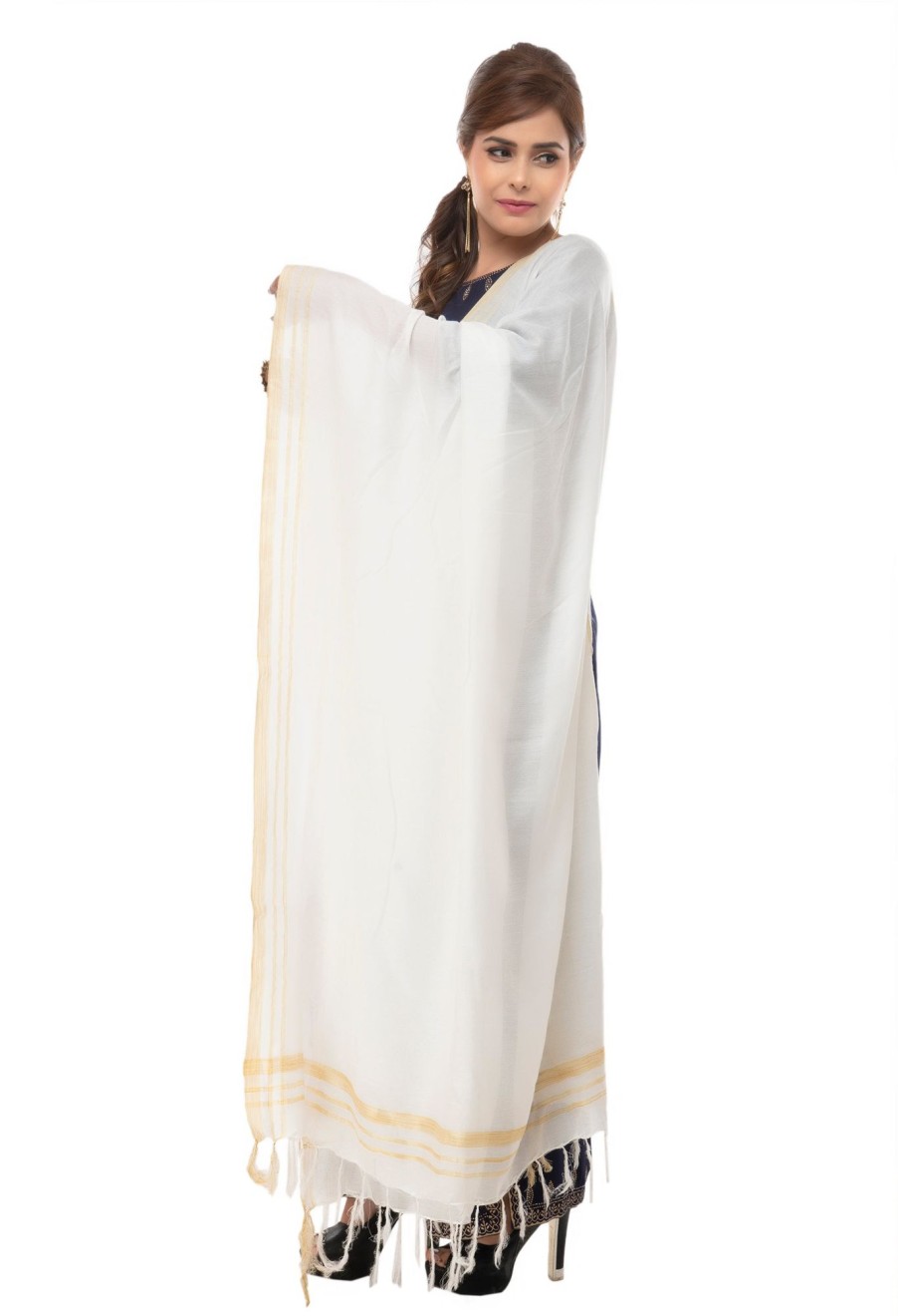 Women Moeza | Women'S White Color Golden Border Cotton Dupatta - Moeza