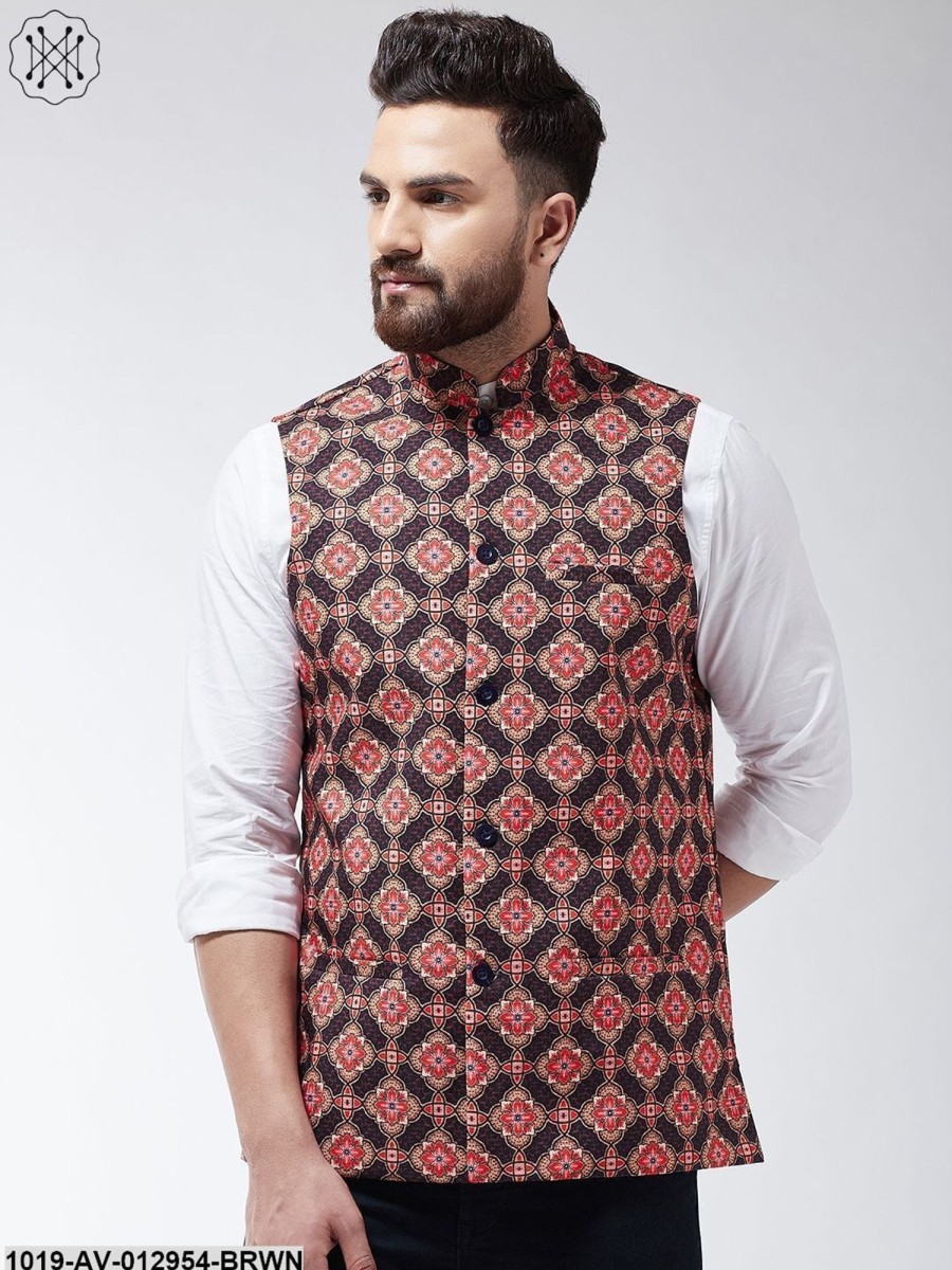 Men Sojanya | Men'S Cotton Blend Coffee Brown U0026 Multi Printed Nehru Jacket - Sojanya