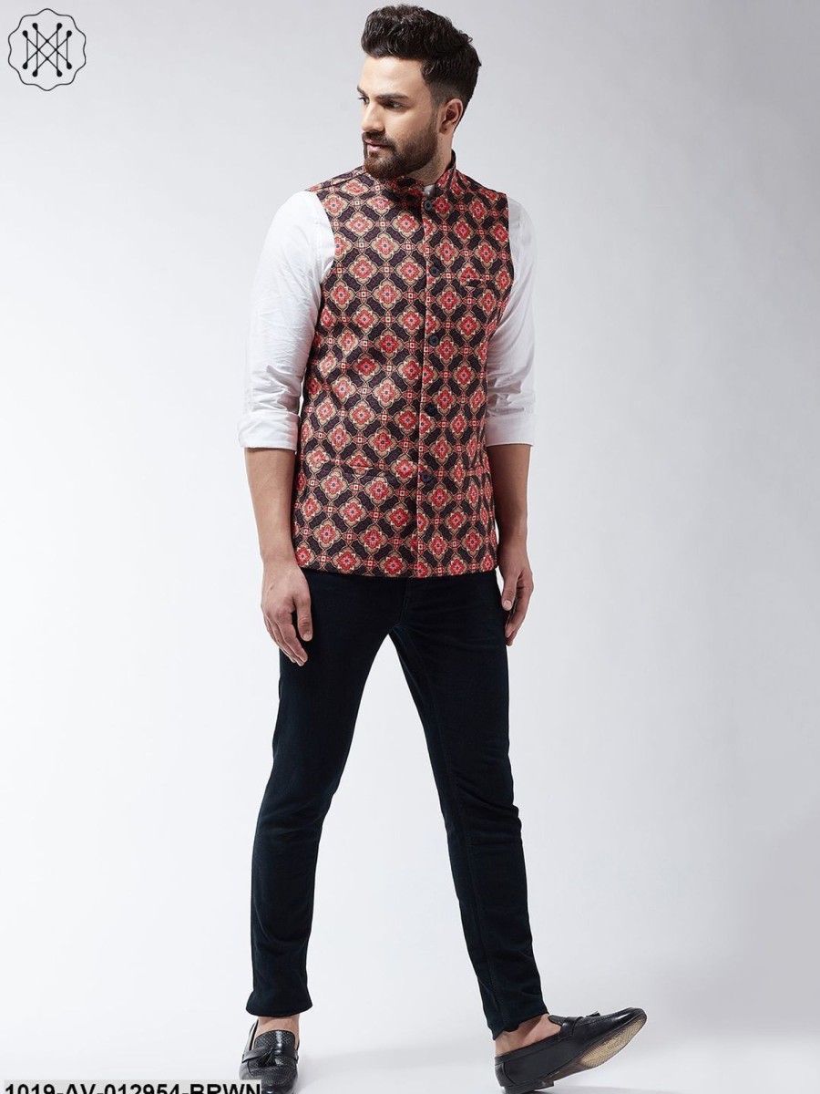 Men Sojanya | Men'S Cotton Blend Coffee Brown U0026 Multi Printed Nehru Jacket - Sojanya