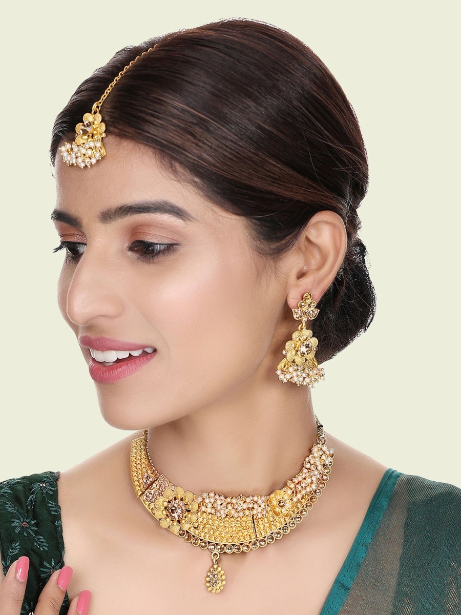 Jewellery Anikas Creation | Designer Gold Plated Traditional Matte Finish Necklace With Earring Maangtika - Anikas Creation Multicolor