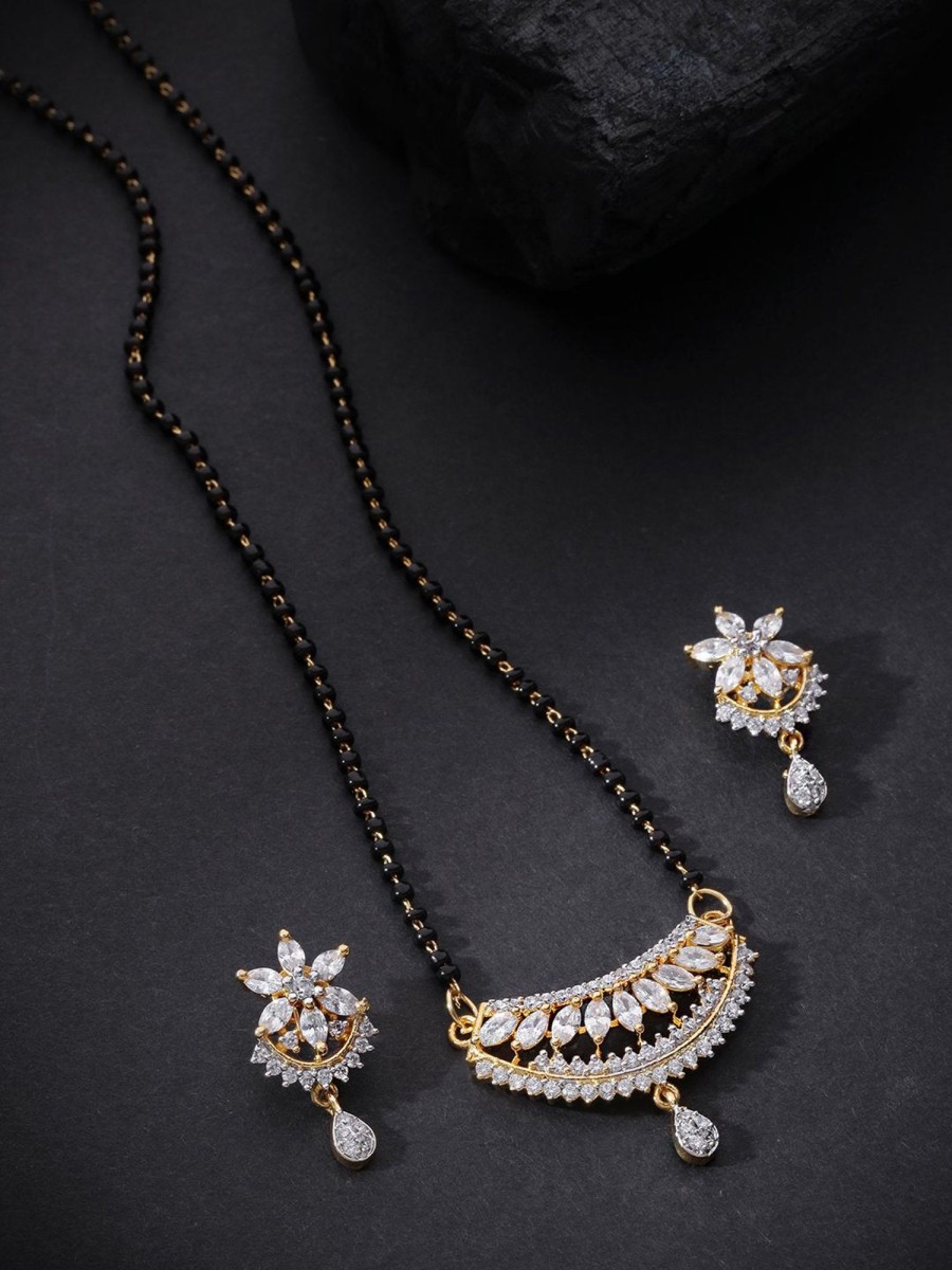 Jewellery Priyaasi | Women'S Gold Plated Leaf Pattern American Diamond Studded Mangalsutra Set - Priyaasi