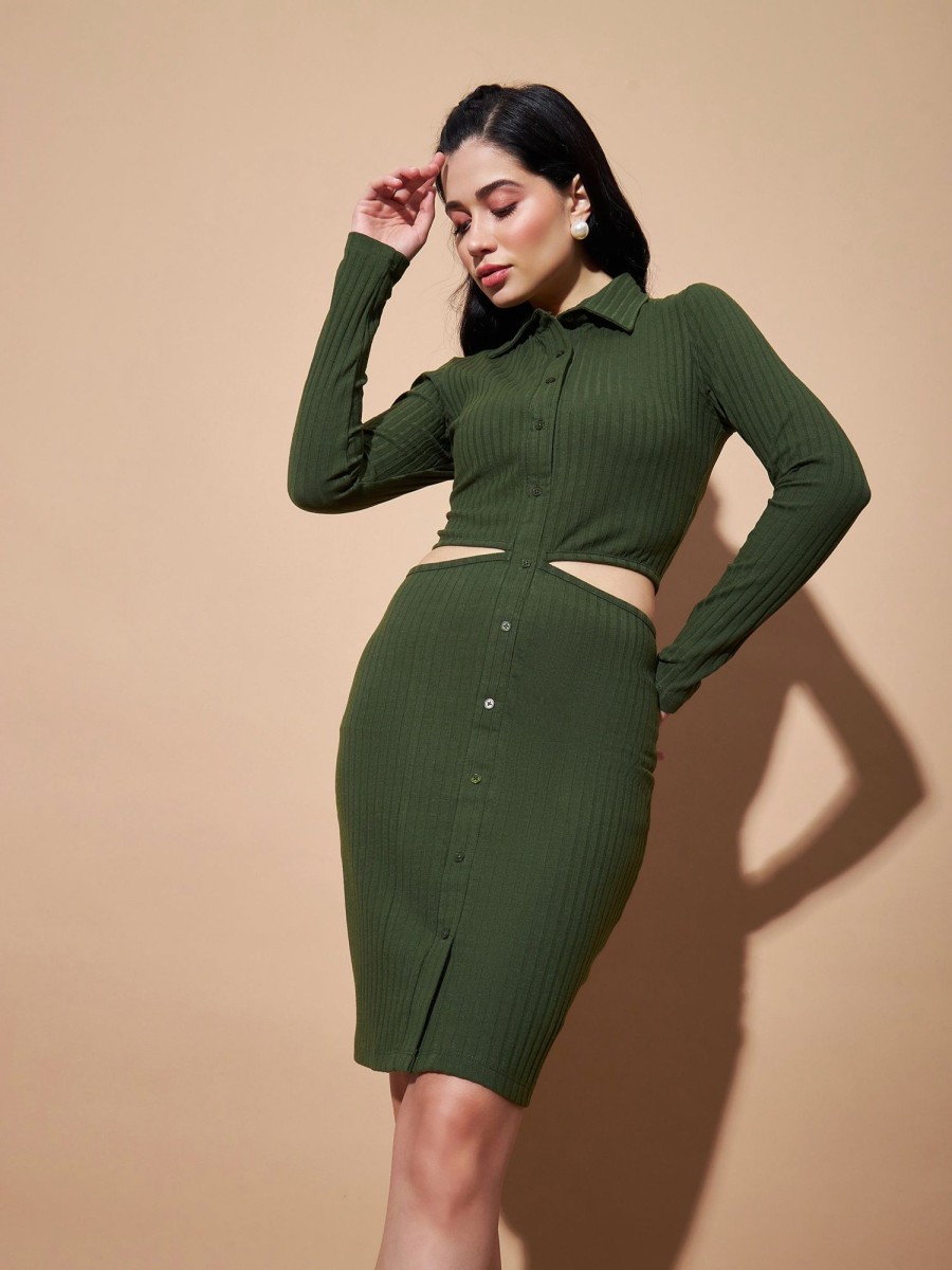 Women Lyush | Women'S Olive Side Cut-Out Bodycon Rib Dress - Lyush