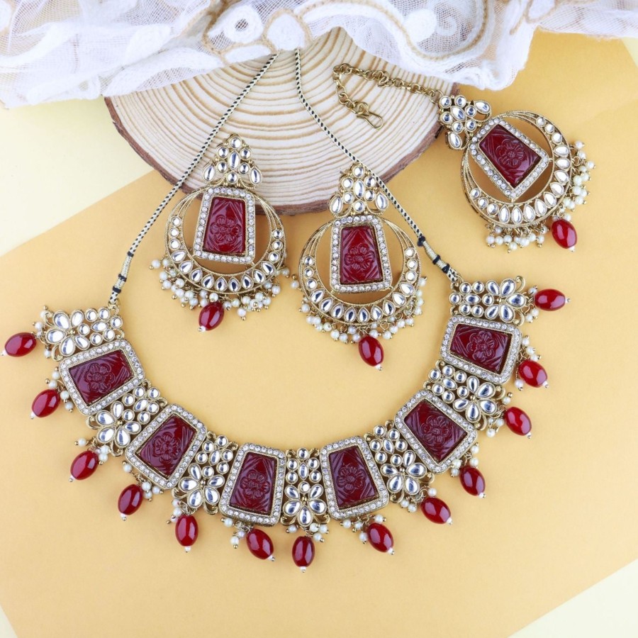 Jewellery I Jewels | Women'S 18K Gold Plated Traditional Pearl Kundan U0026 Stone Studded Jewellery Necklace Set With Maang Tikka - I Jewels Red