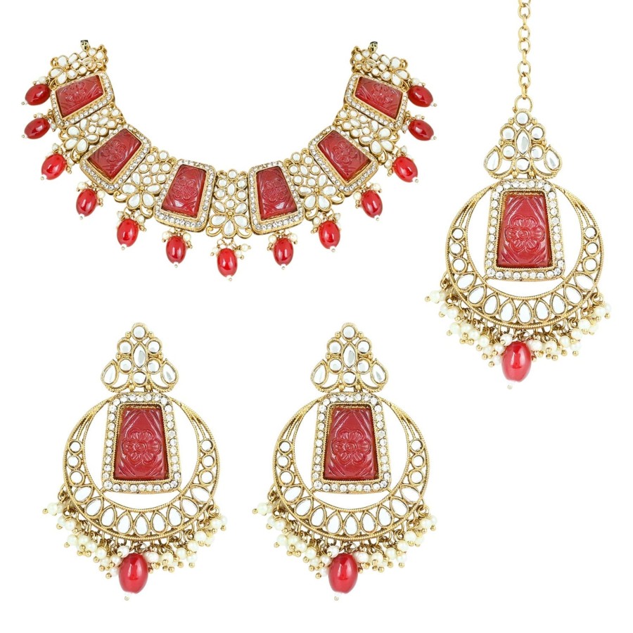 Jewellery I Jewels | Women'S 18K Gold Plated Traditional Pearl Kundan U0026 Stone Studded Jewellery Necklace Set With Maang Tikka - I Jewels Red