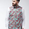 Men Sojanya | Men'S Cotton Blend Sea Green U0026 Multi Printed Nehru Jacket - Sojanya