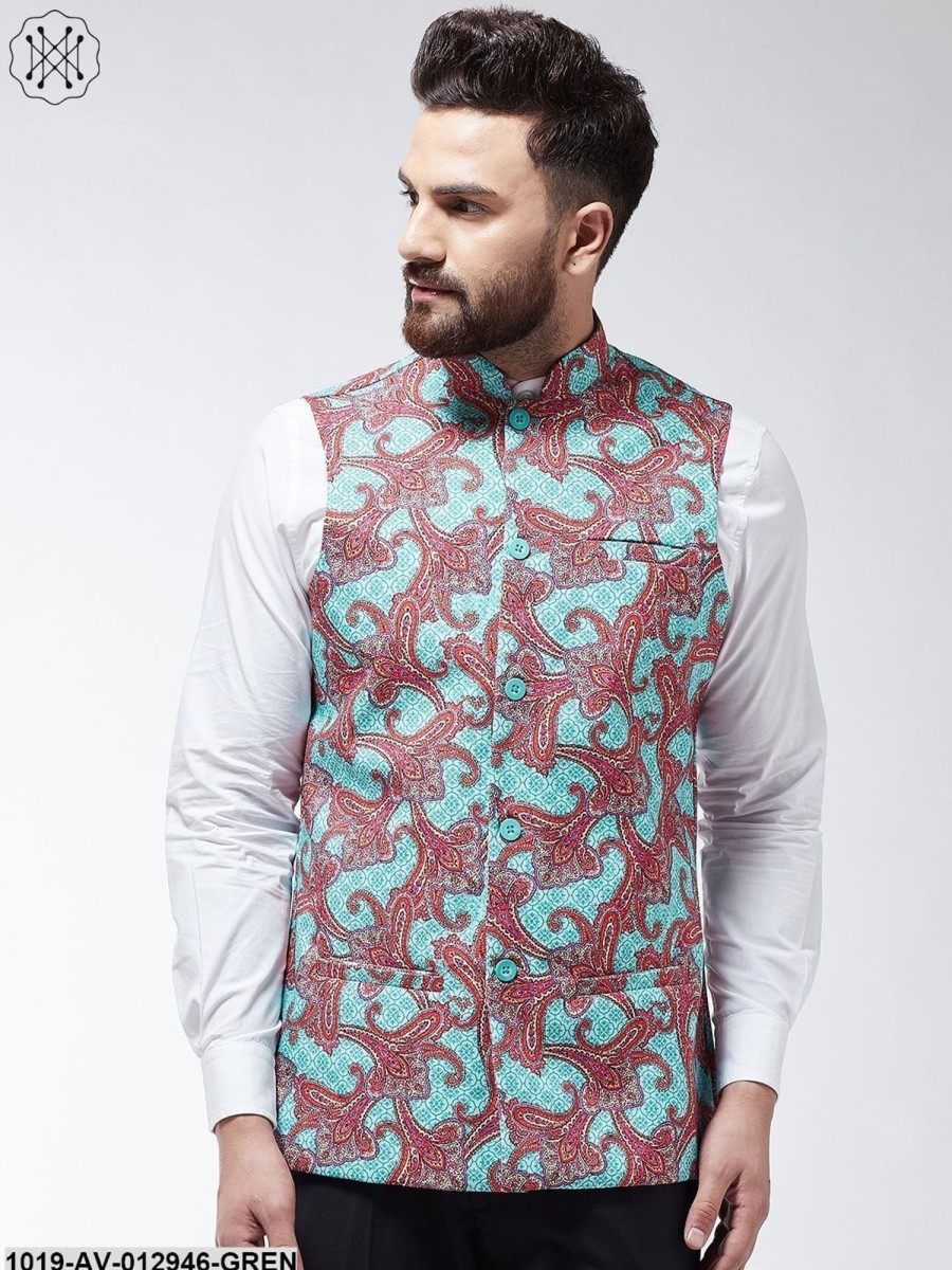 Men Sojanya | Men'S Cotton Blend Sea Green U0026 Multi Printed Nehru Jacket - Sojanya