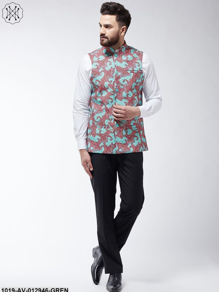 Men Sojanya | Men'S Cotton Blend Sea Green U0026 Multi Printed Nehru Jacket - Sojanya