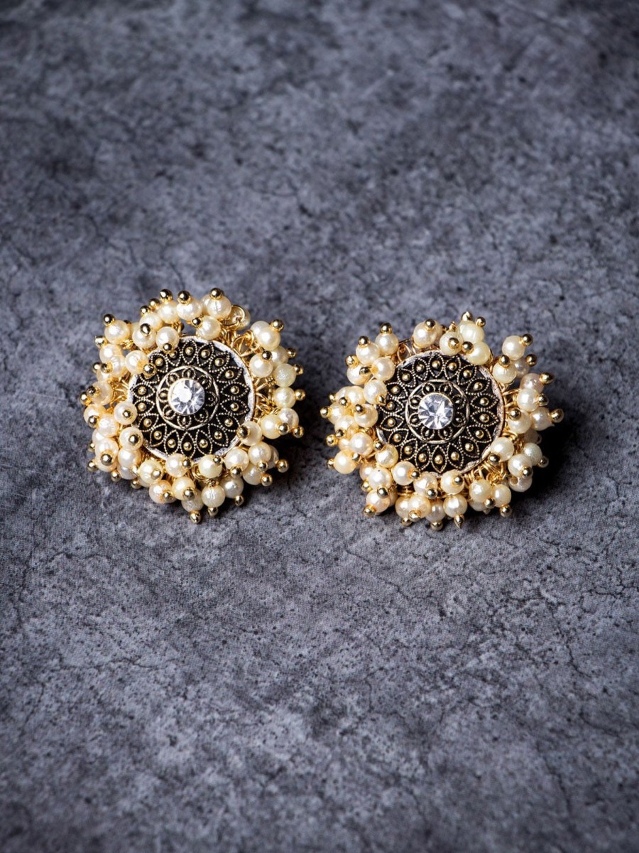 Jewellery Morkanth | Women'S Gold Pleated Pearl Round Studs Earrings - Morkanth