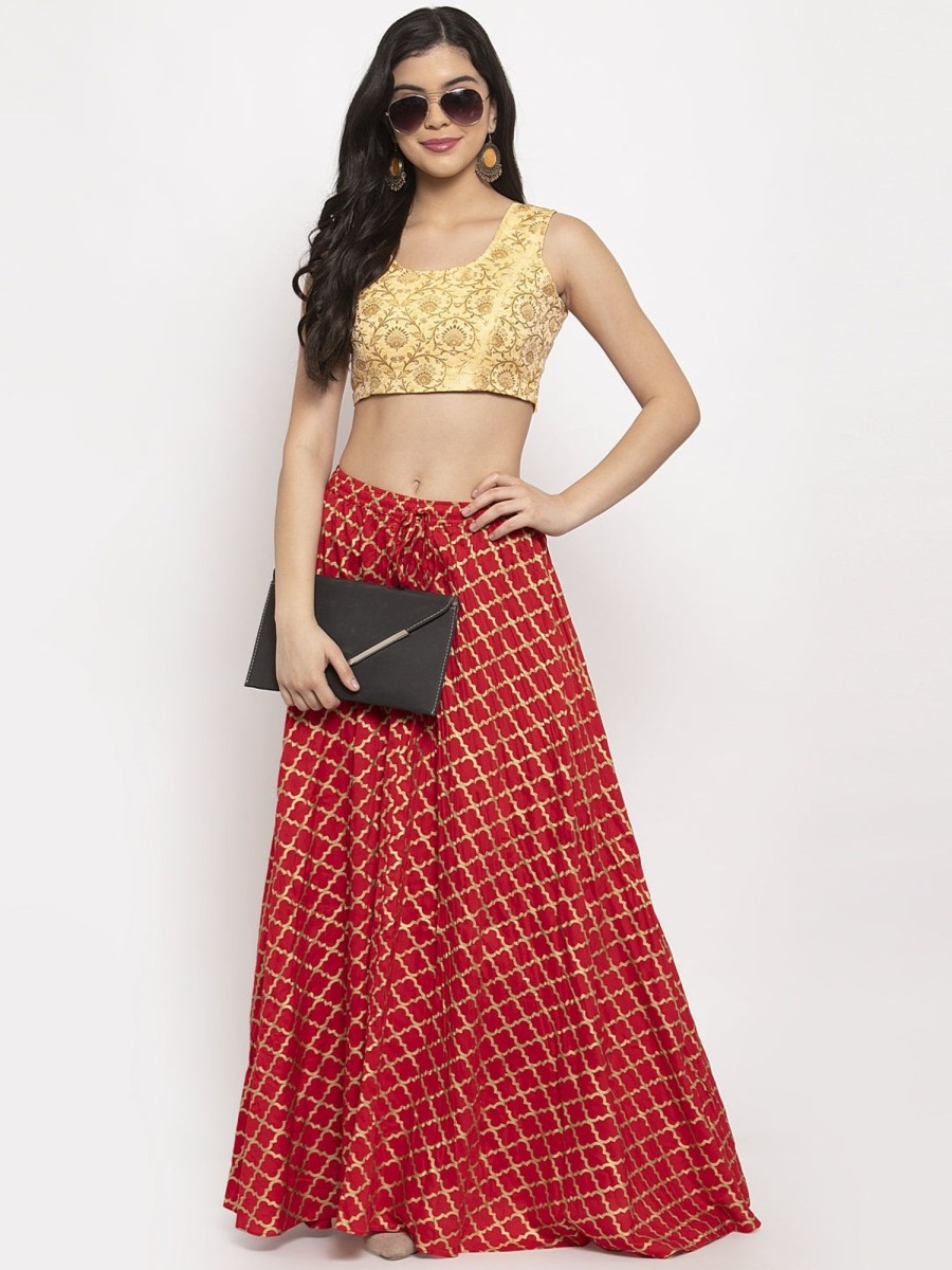 Women Wahe-NOOR | Women'S Red Printed Rayon Skirt - Wahe-Noor