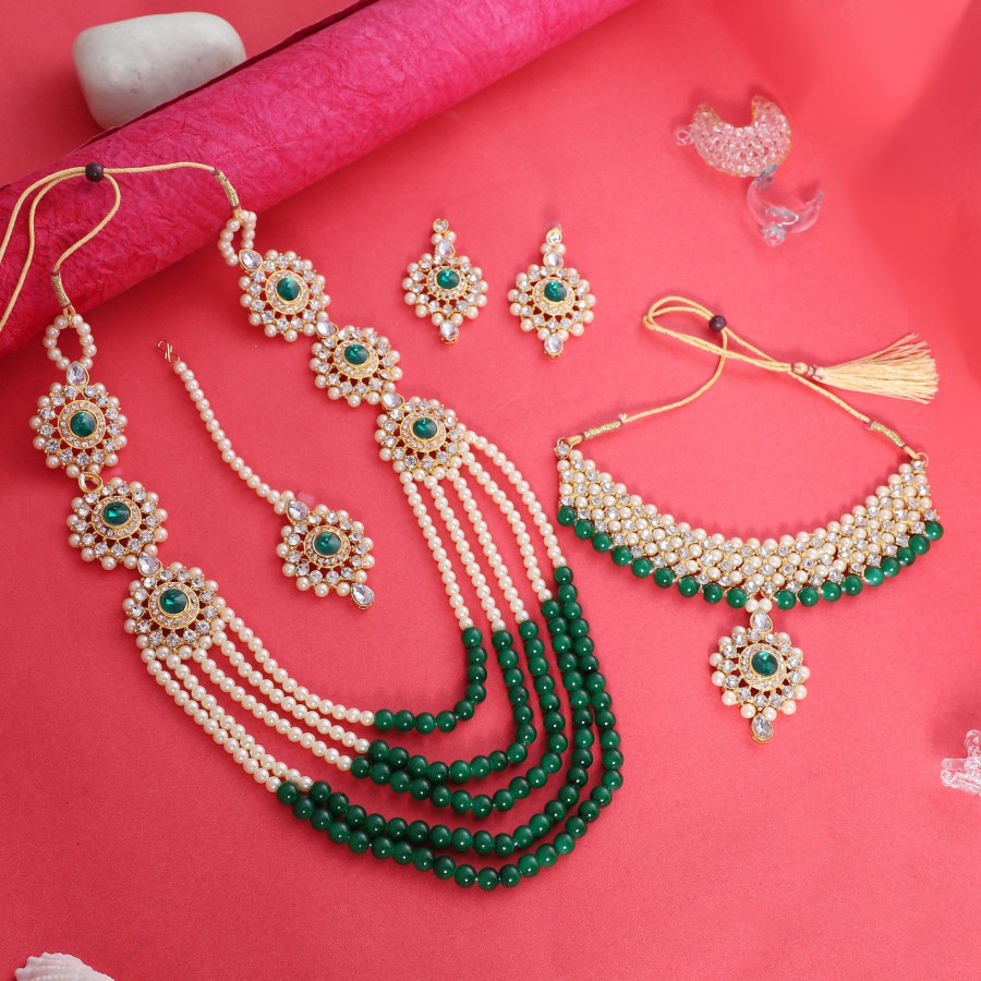 Jewellery Zaffre Collections | Women'S/Girl'S Beautiful Crystal And Pearl Necklace Choker Combo Set With Maang Tikka - Zaffre Collections Green