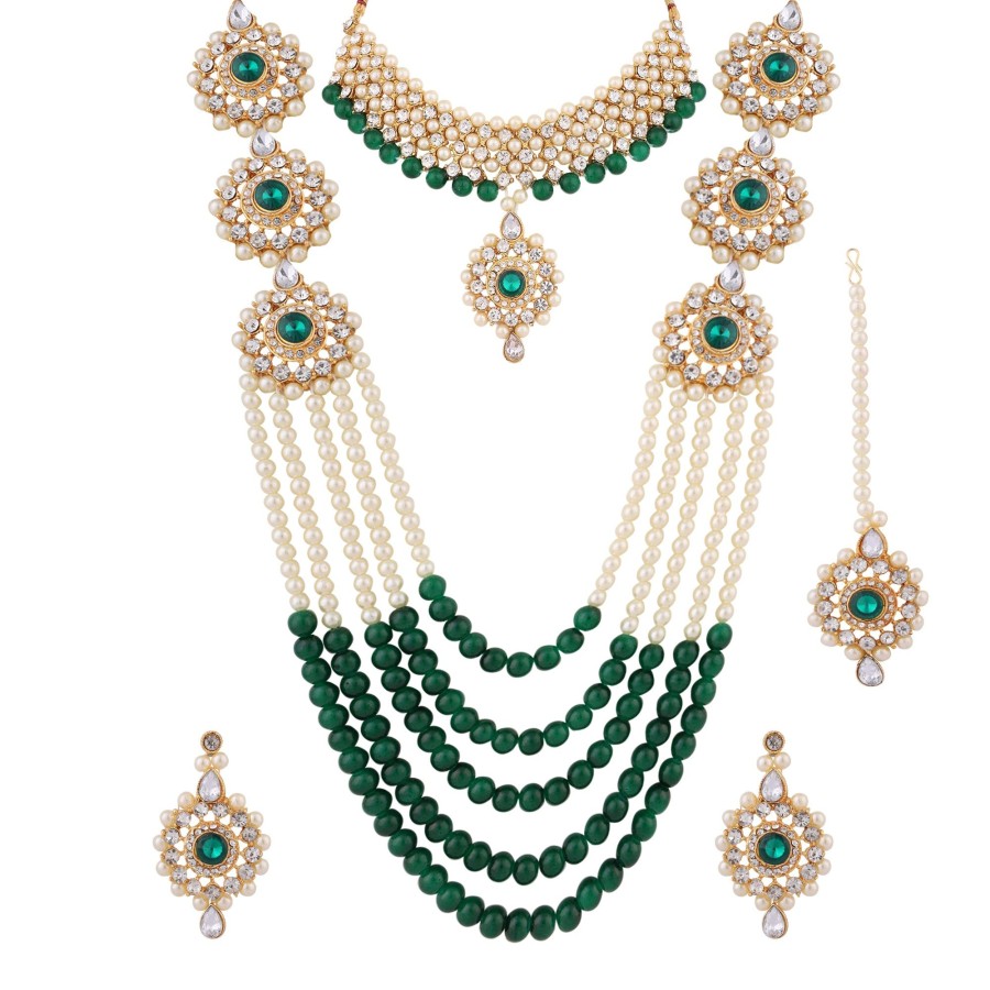 Jewellery Zaffre Collections | Women'S/Girl'S Beautiful Crystal And Pearl Necklace Choker Combo Set With Maang Tikka - Zaffre Collections Green