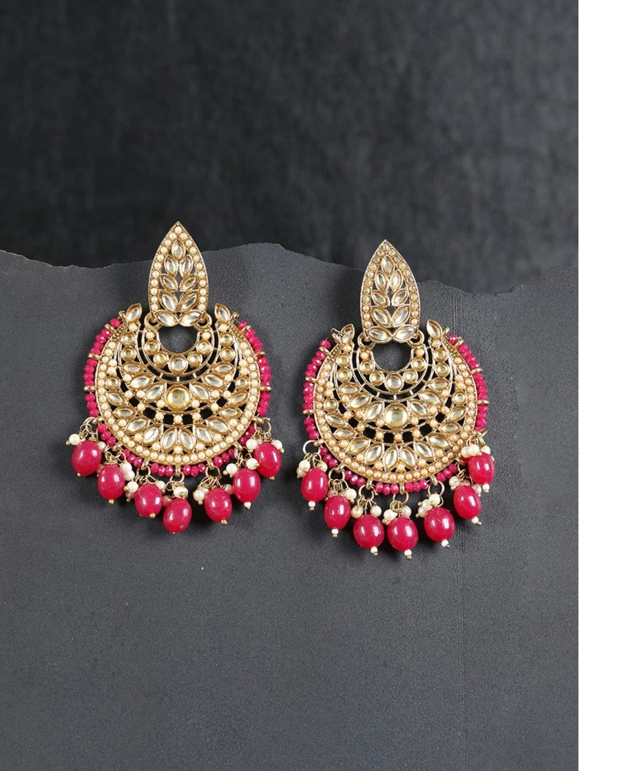 Jewellery Priyaasi | Women'S Gold-Plated Stone Studded Chandbali With Mehroon Beads - Priyaasi