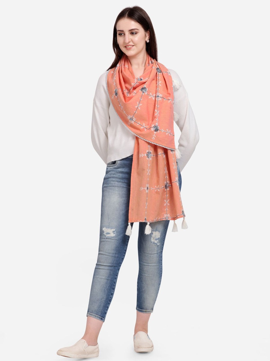 Women MESMORA FASHION | Women'S Peach Snowflake Embroidered Rich Khadi Scarf/Stole - Mesmora Fashions