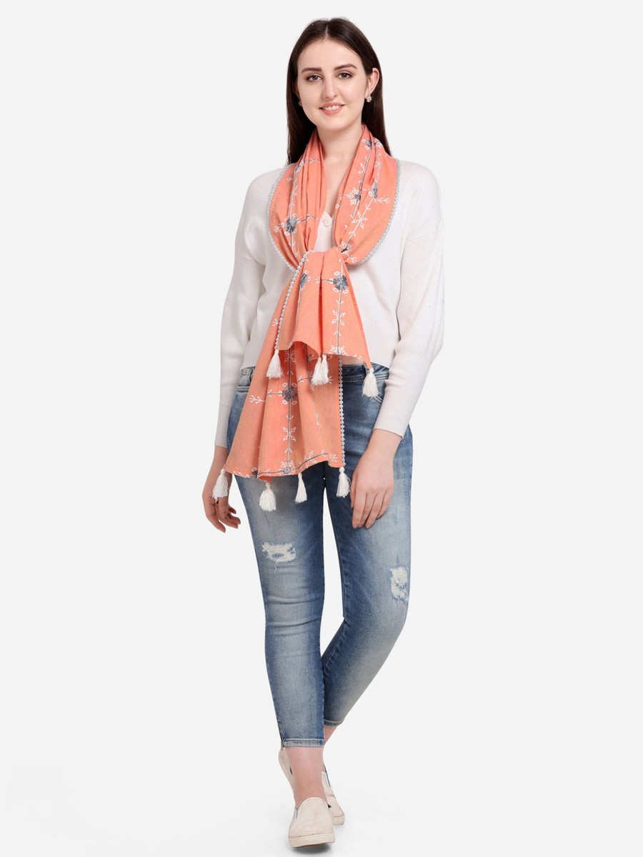 Women MESMORA FASHION | Women'S Peach Snowflake Embroidered Rich Khadi Scarf/Stole - Mesmora Fashions