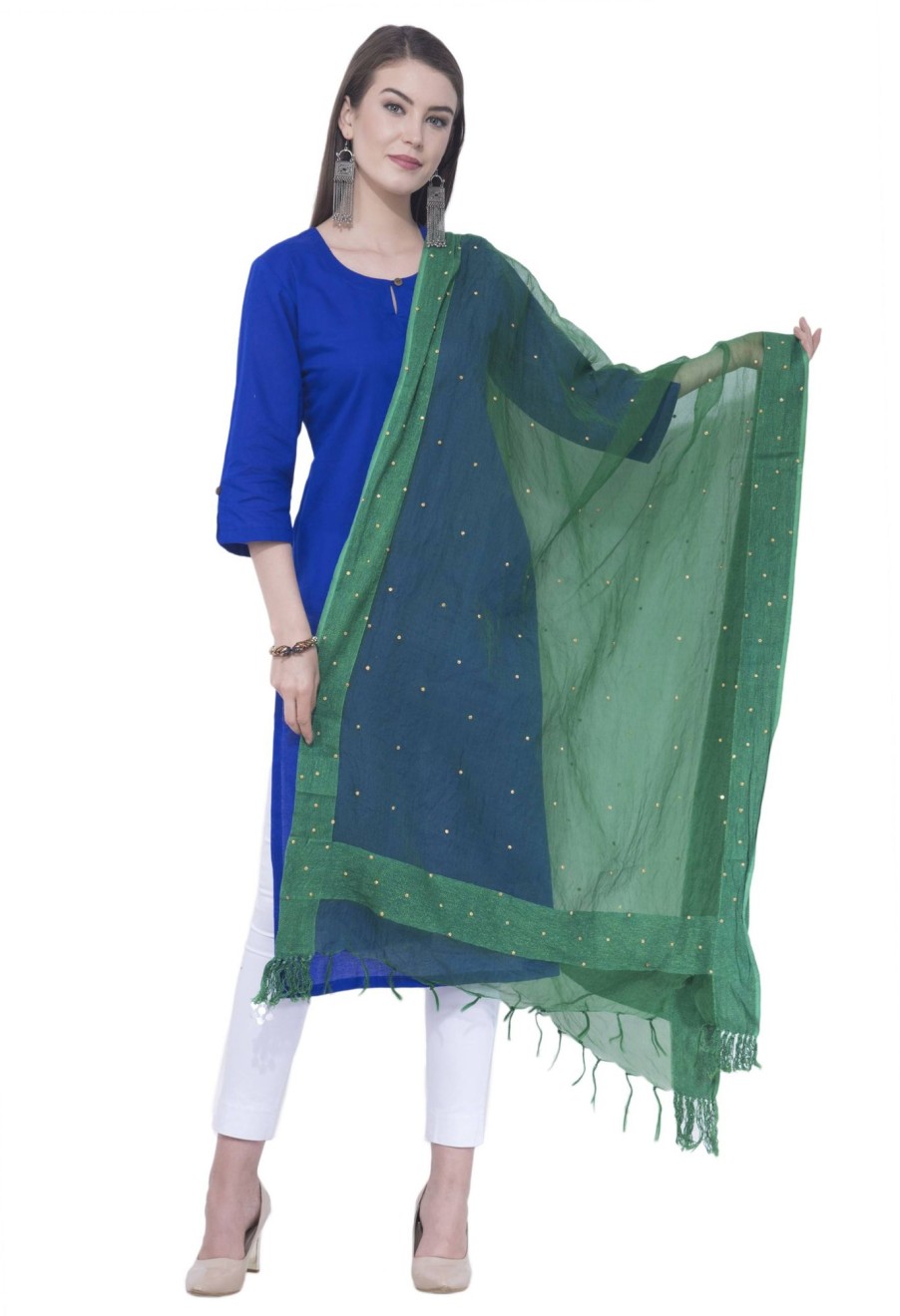 Women AR Silks | A R Silk Color Chandna Orgenza Cotton Dupattas And Chunnis Rama Green