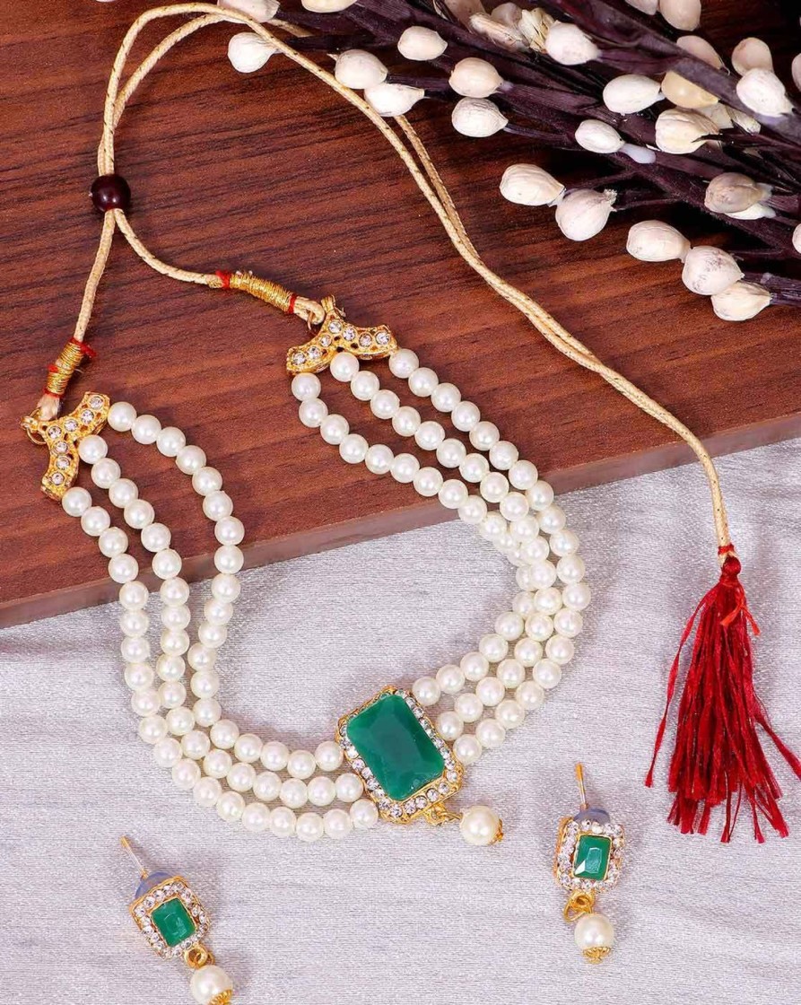 Jewellery Zaffre Collections | Women'S Attractive White Pearls With Stone Choker - Zaffre Collections Green