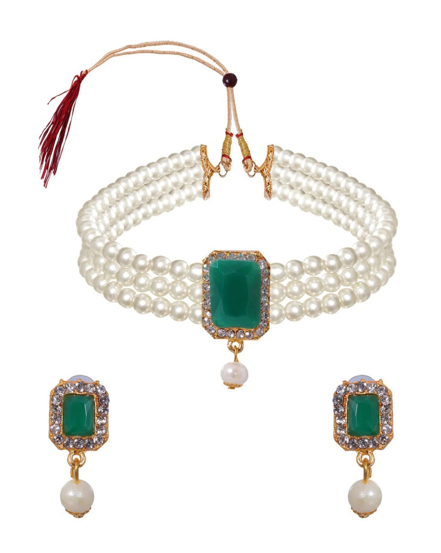 Jewellery Zaffre Collections | Women'S Attractive White Pearls With Stone Choker - Zaffre Collections Green