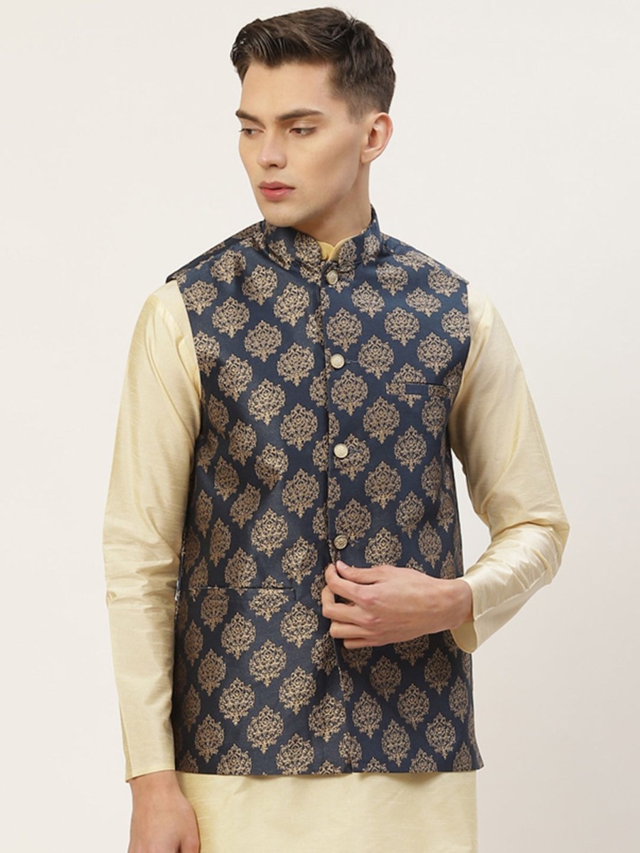 Men Virat Fashions | Men'S Navy Printed Nehru Jacket ( Jowc 4032Navy ) - Virat Fashions