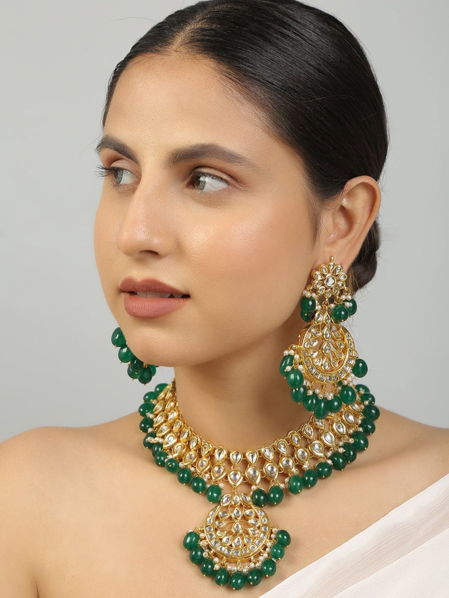 Jewellery Femizen | Women'S Emerald Beaded Kundan Necklace Set With Earrings - Femizen Green