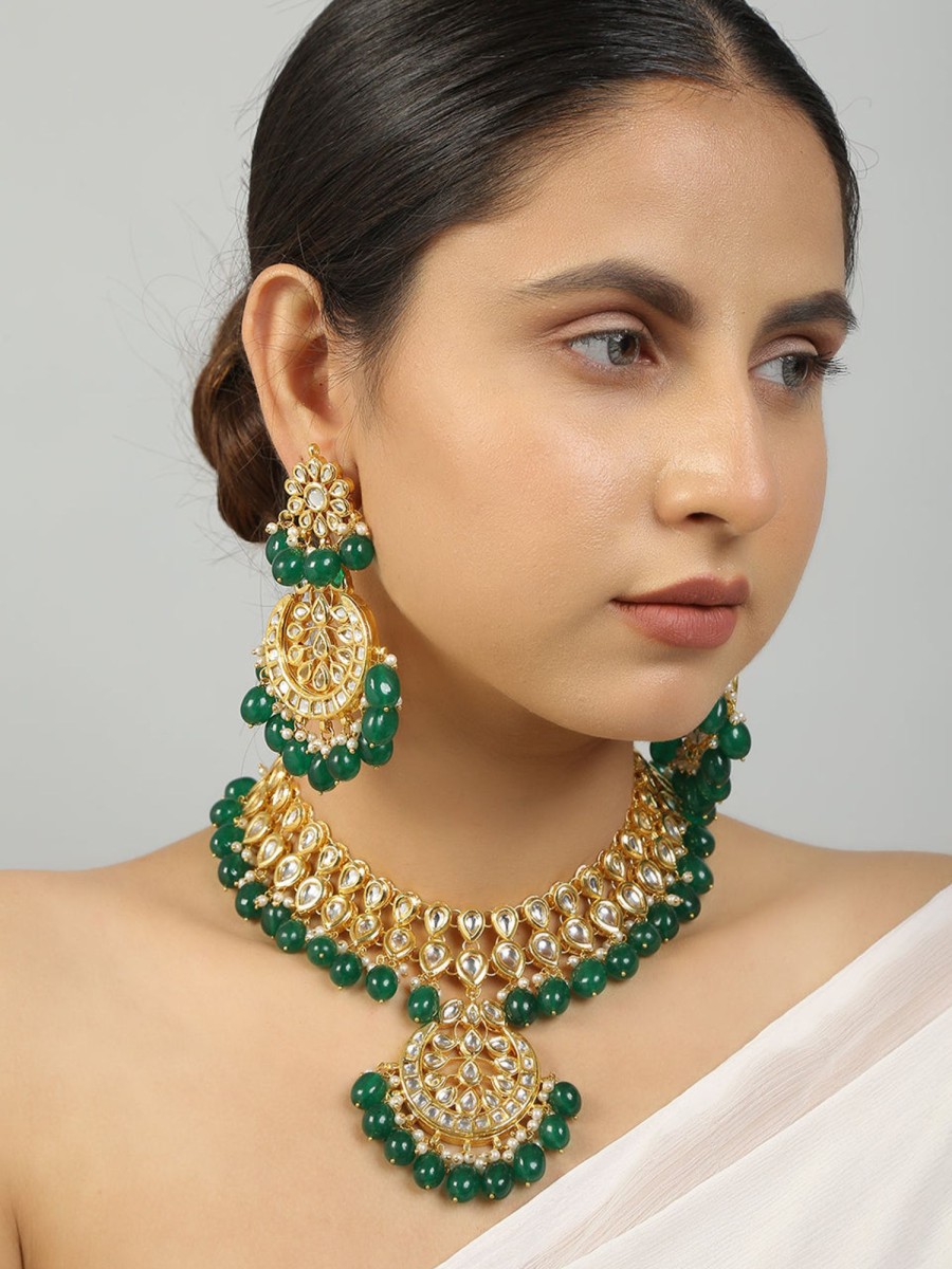 Jewellery Femizen | Women'S Emerald Beaded Kundan Necklace Set With Earrings - Femizen Green