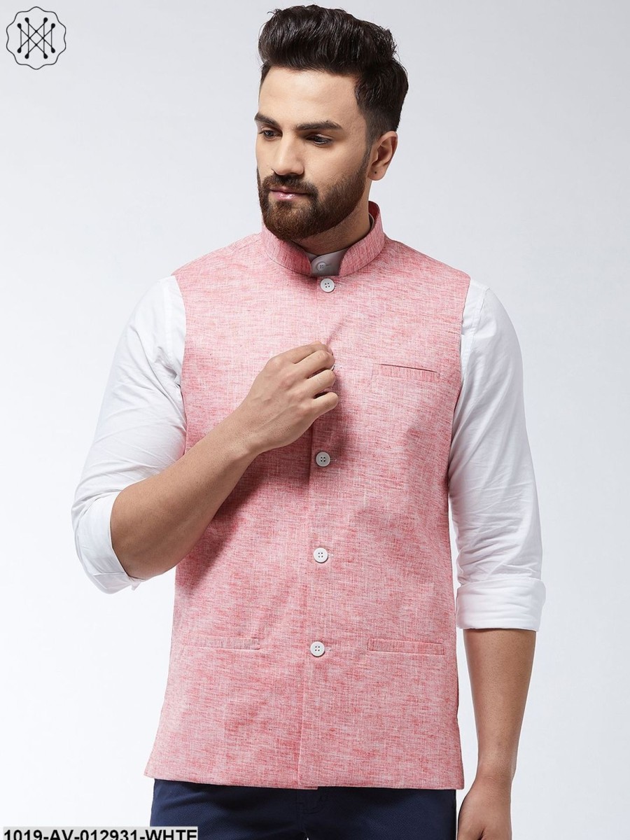 Men Sojanya | Men'S Cotton Linen Blend Coral Nehru Jacket - Sojanya