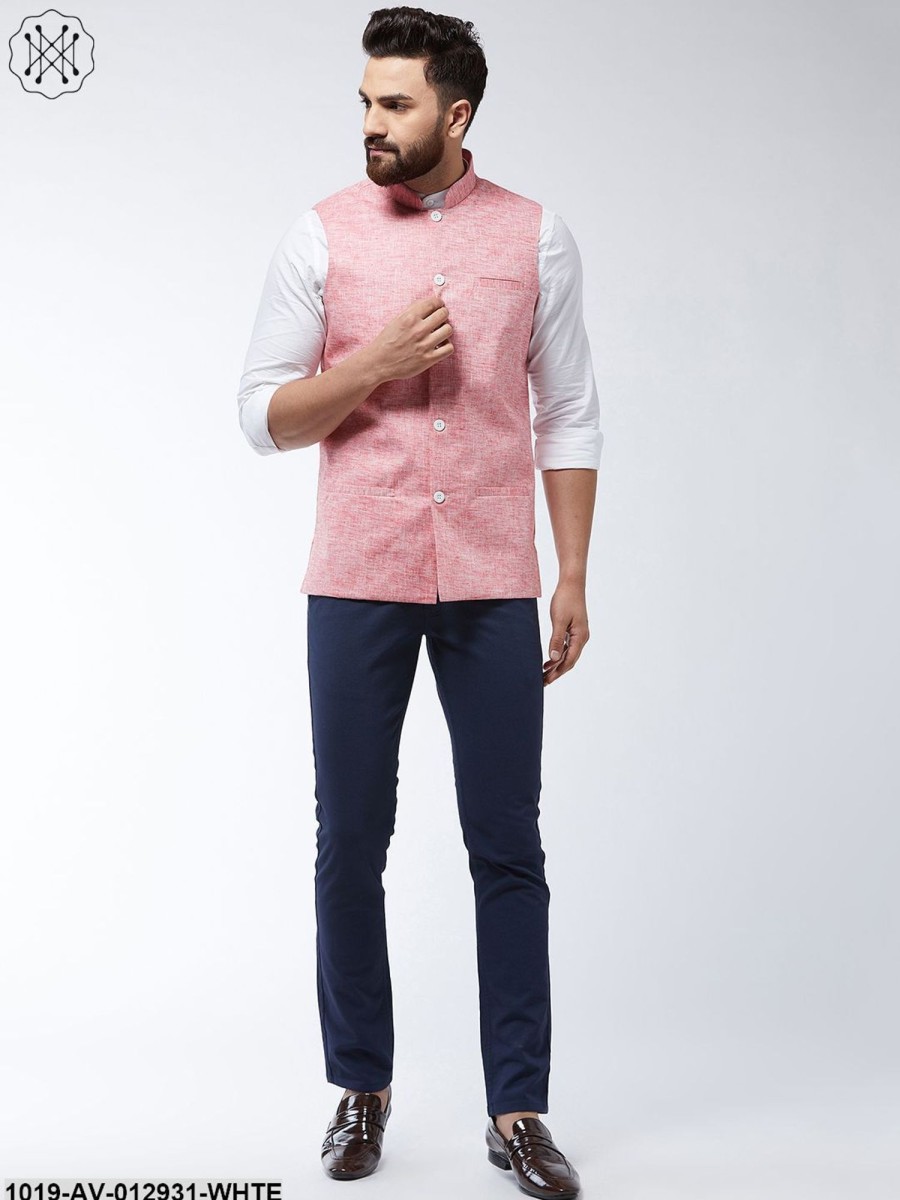 Men Sojanya | Men'S Cotton Linen Blend Coral Nehru Jacket - Sojanya