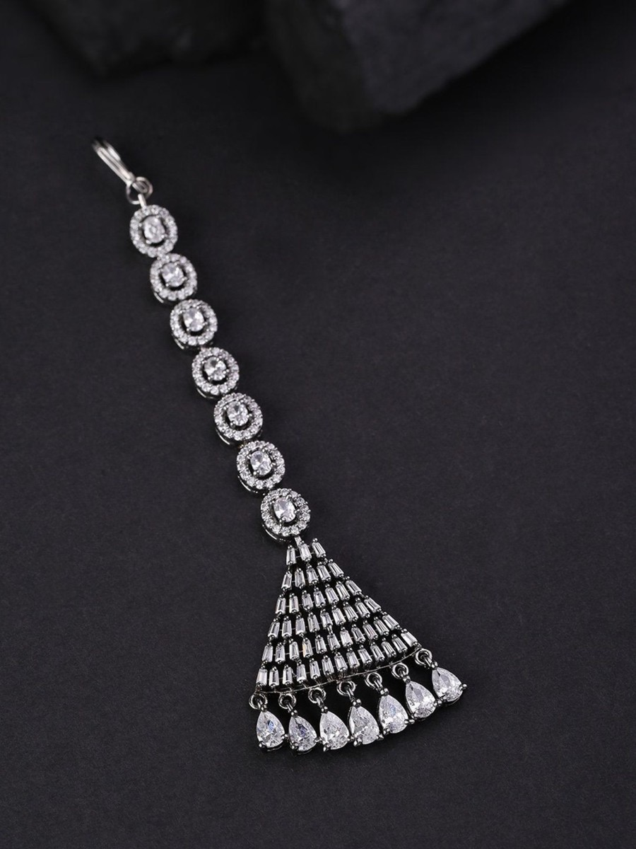 Jewellery Priyaasi | Women'S Oxidised Silver Plated Ad Studded Triangular Shape Handcrafted Maang Tikka - Priyaasi