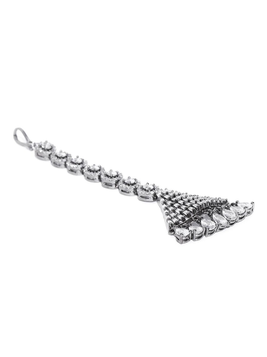 Jewellery Priyaasi | Women'S Oxidised Silver Plated Ad Studded Triangular Shape Handcrafted Maang Tikka - Priyaasi