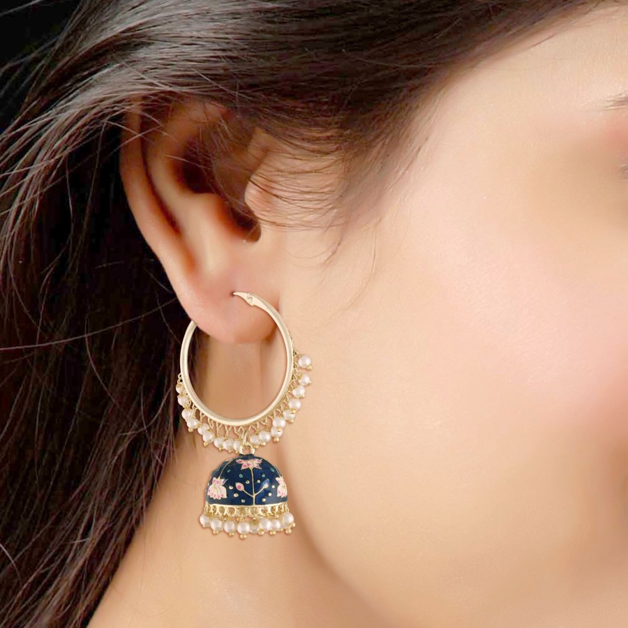 Jewellery I Jewels | Women'S Gold Plated Traditional Handcrafted Enamelled Jhumki Hoop Earrings - I Jewels Blue