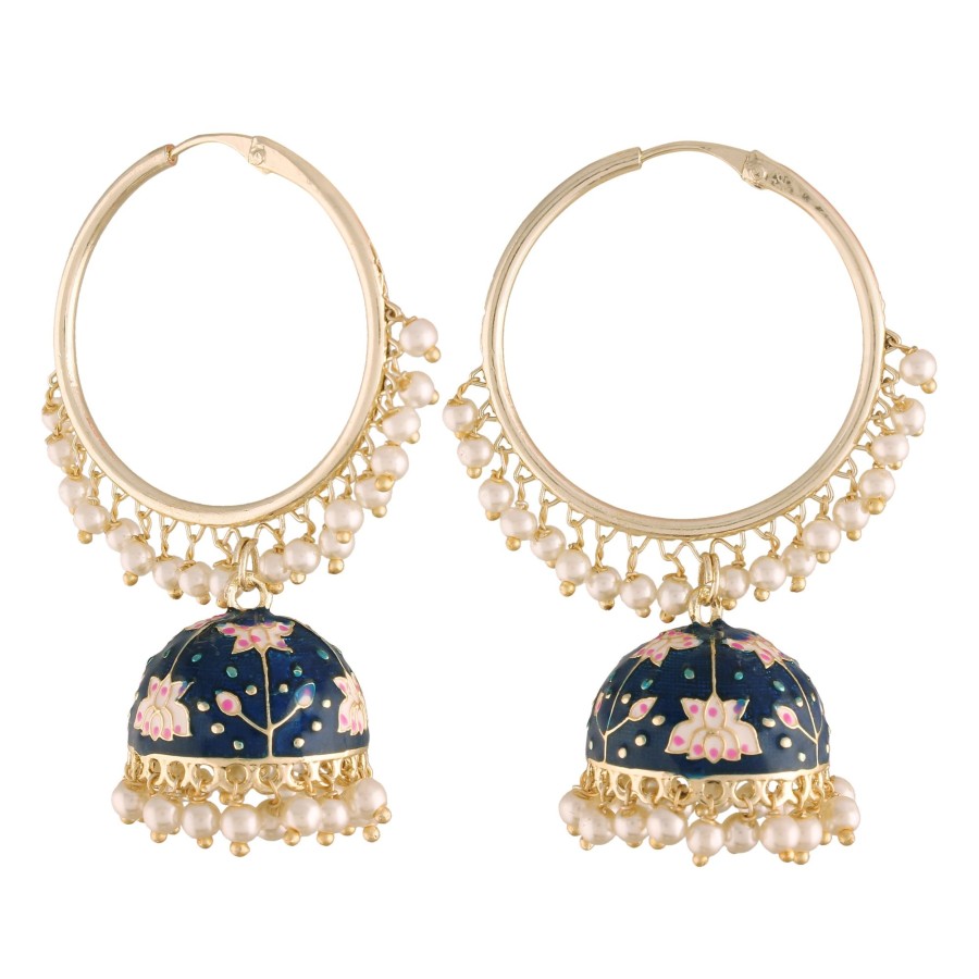 Jewellery I Jewels | Women'S Gold Plated Traditional Handcrafted Enamelled Jhumki Hoop Earrings - I Jewels Blue