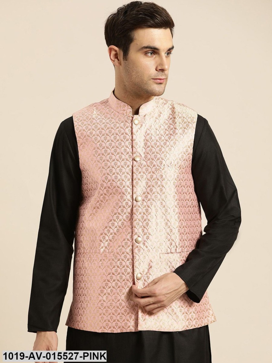 Men Sojanya | Men'S Silk Blend Light Pink U0026 Gold Self Design Nehru Jacket - Sojanya