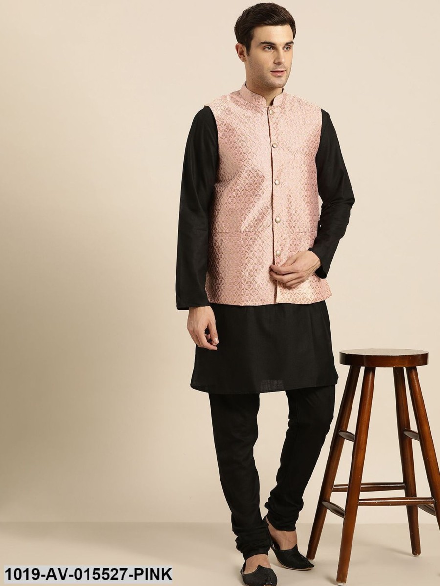 Men Sojanya | Men'S Silk Blend Light Pink U0026 Gold Self Design Nehru Jacket - Sojanya