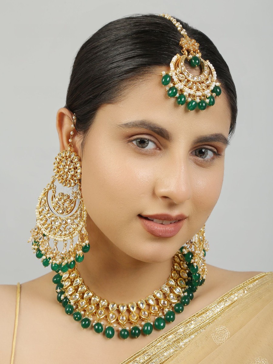 Jewellery Femizen | Women'S Kundan Inspired Emerald Beaded Necklace With Earrings U0026 Maang Tikka Set - Femizen Green