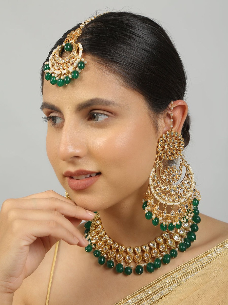 Jewellery Femizen | Women'S Kundan Inspired Emerald Beaded Necklace With Earrings U0026 Maang Tikka Set - Femizen Green