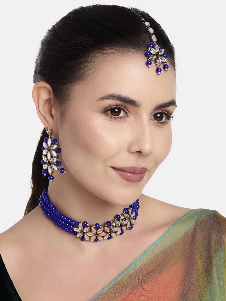 Jewellery I Jewels | Women'S 18K Gold Plated Kundan U0026 Pearl Beaded Choker Set - I Jewels Blue