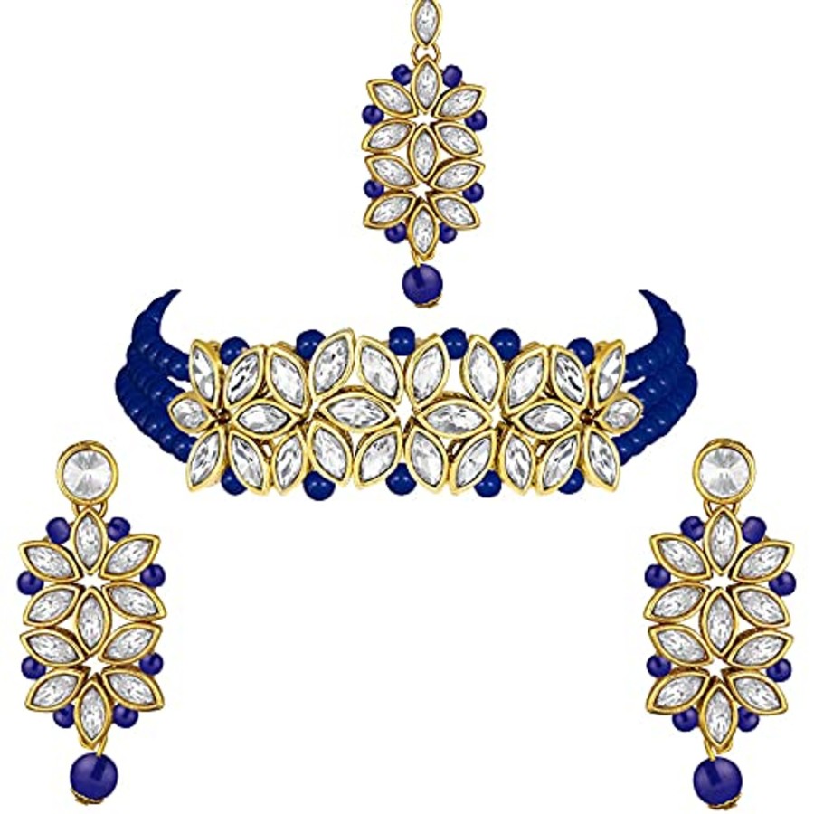 Jewellery I Jewels | Women'S 18K Gold Plated Kundan U0026 Pearl Beaded Choker Set - I Jewels Blue