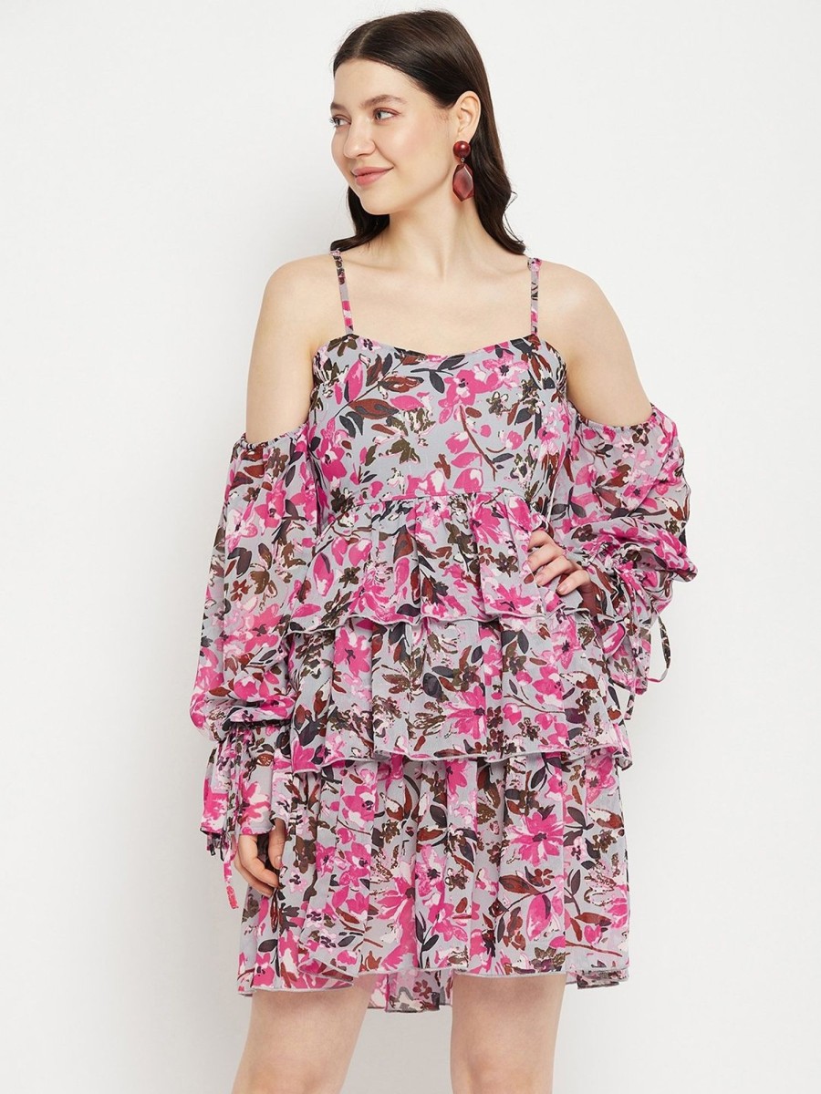 Women BitterLime | Women'S U0026 Pink Floral Off-Shoulder Layered Dress - Bitterlime Grey