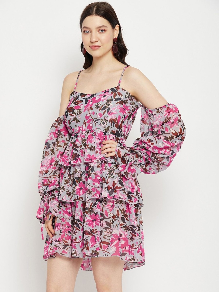 Women BitterLime | Women'S U0026 Pink Floral Off-Shoulder Layered Dress - Bitterlime Grey