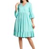 Women Manohara | Women'S Turquoise Rayon Checkered Flared Western Dress - Manohara Blue