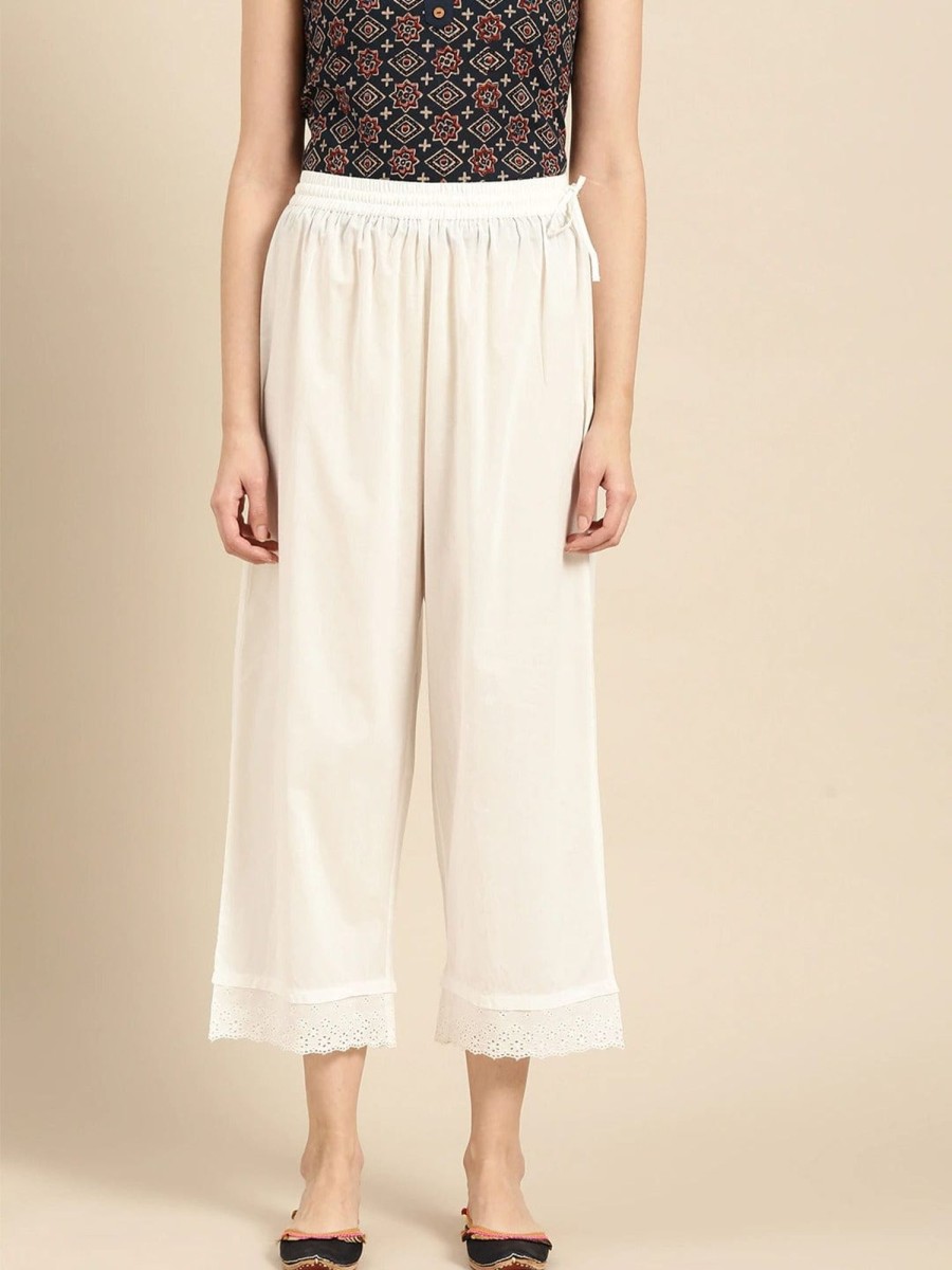 Women Varanga | Women'S White Schiffli Hem Design Straight Cropped Palazzos - Varanga