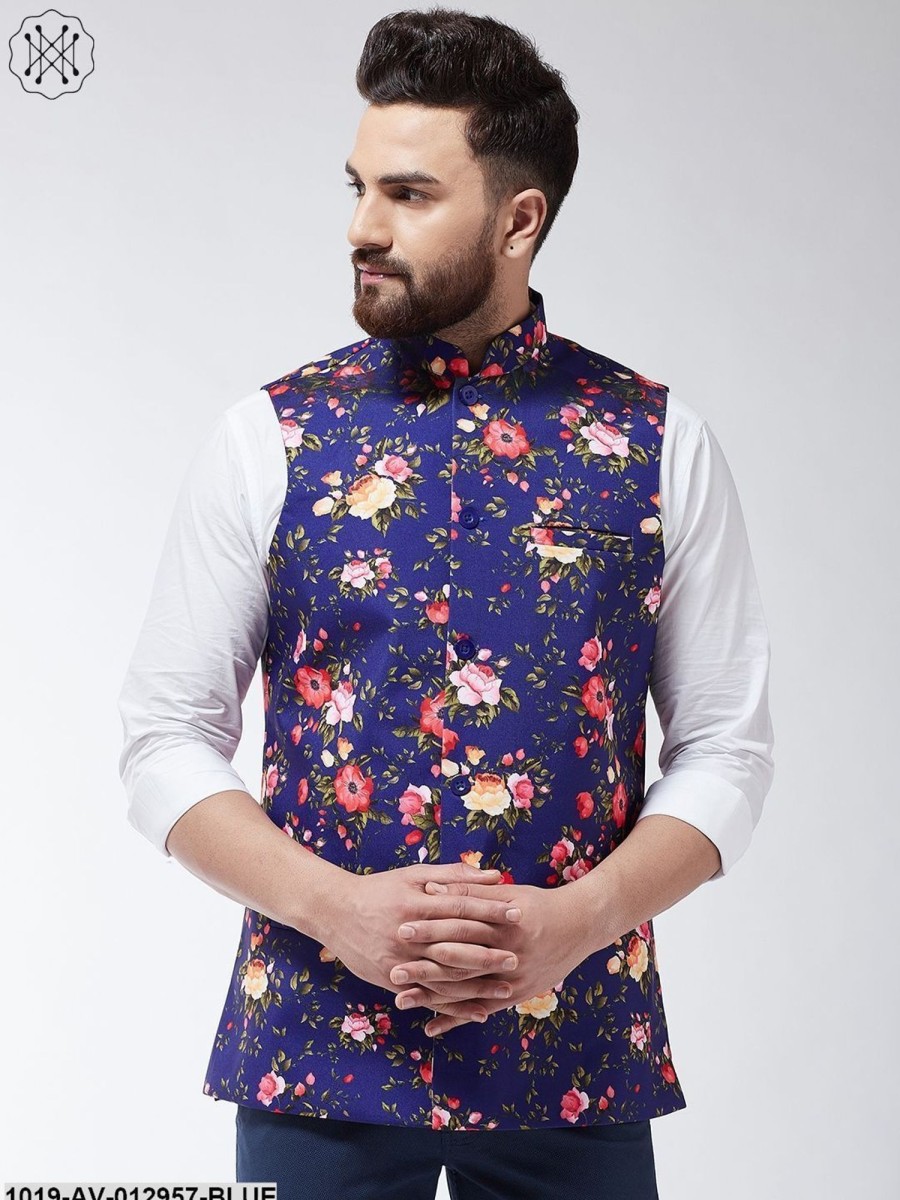 Men Sojanya | Men'S Cotton Blend Royal Blue U0026 Multicolored Printed Nehru Jacket - Sojanya