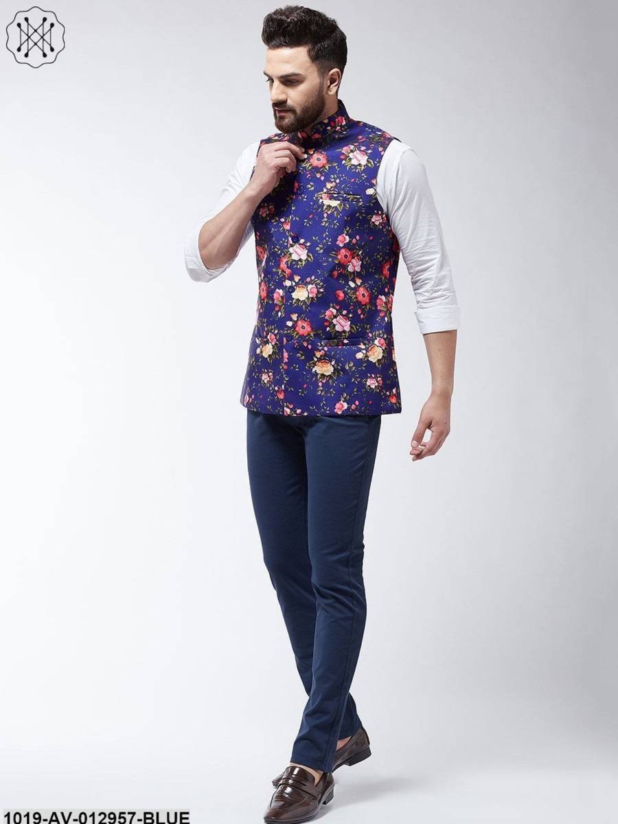 Men Sojanya | Men'S Cotton Blend Royal Blue U0026 Multicolored Printed Nehru Jacket - Sojanya