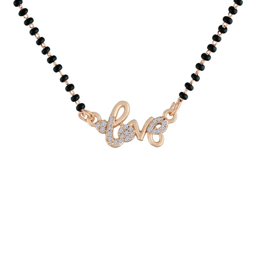 Jewellery I Jewels | Women'S 18K Rose Gold Plated Traditional American Diamond Pendant With Black Bead Chain Mangalsutra For Women - I Jewels