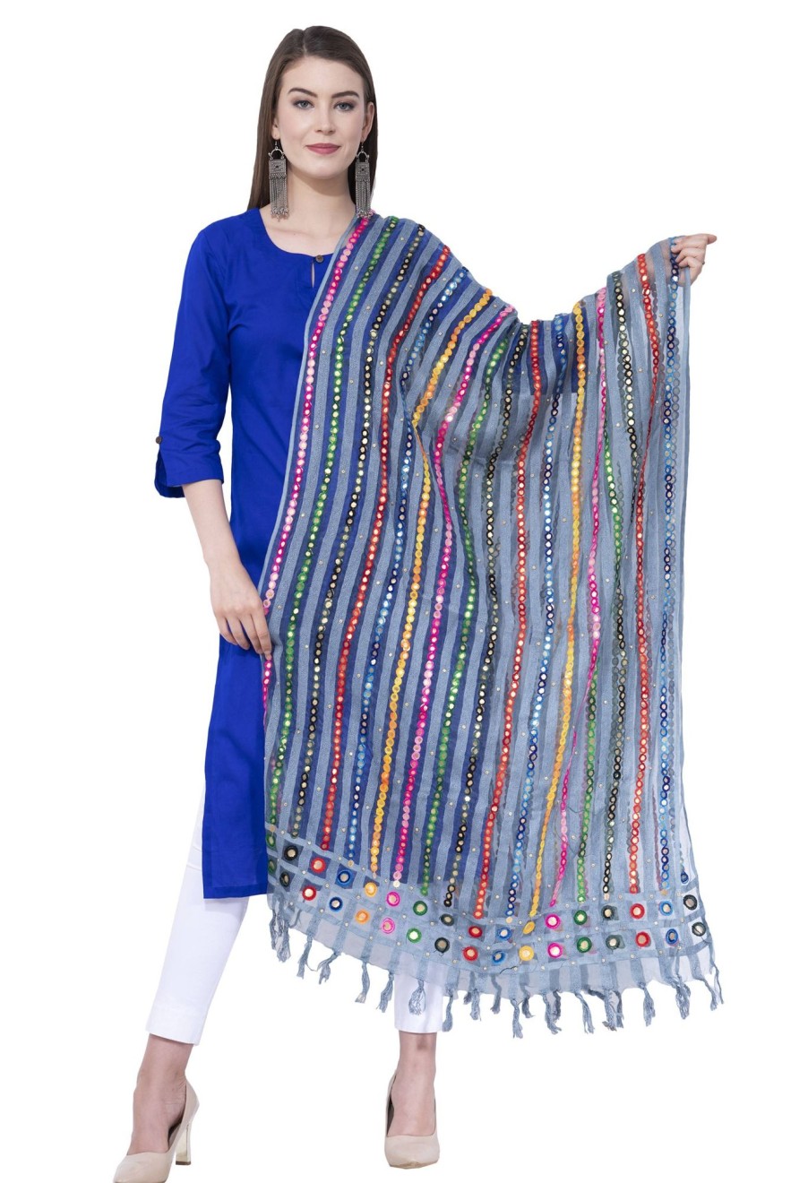 Women AR Silks | A R Silk Color Multi Stripe Orgenza Cotton Dupattas And Chunnis Light Firozi