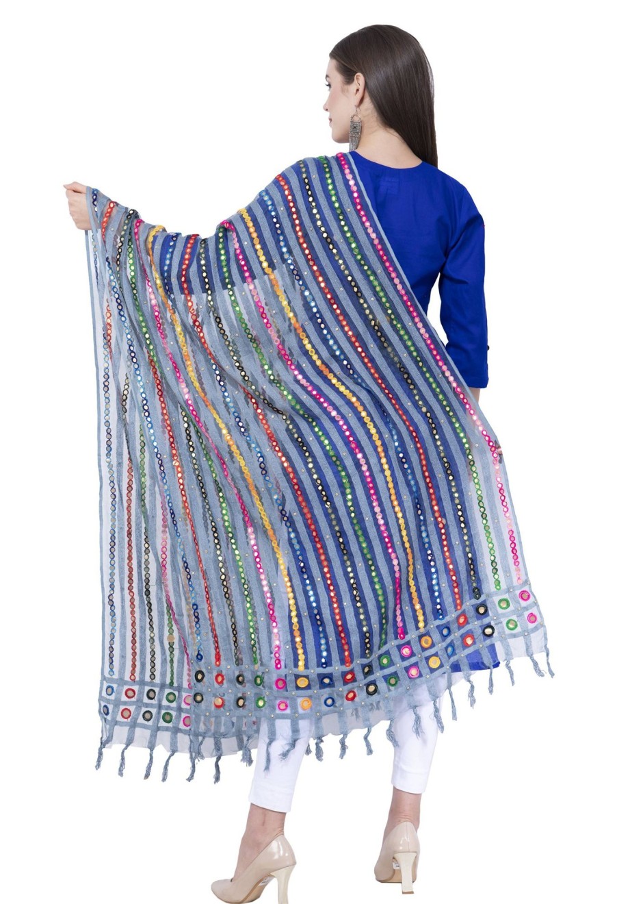 Women AR Silks | A R Silk Color Multi Stripe Orgenza Cotton Dupattas And Chunnis Light Firozi