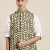 Men Sojanya | Men'S Silk Blend Olive Embroidered Only Nehrujacket - Sojanya Green